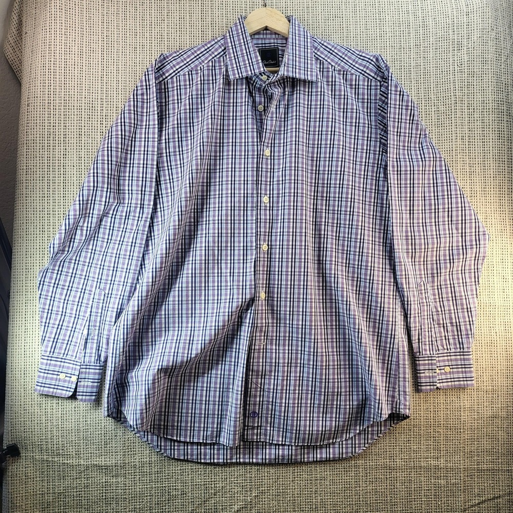 David Donahue Shirt Mens 16.5 34/35 Purple Blue Check Dress Cotton Long Sleeve